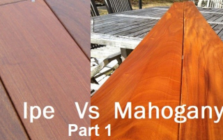 A side-by-side comparison of Ipe and Fijian Mahogany decking boards, highlighting the color, grain, and finish differences between the two hardwood options.