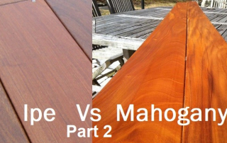 Side-by-side comparison of Ipe and Fijian Mahogany decking boards, showcasing differences in color, grain, and finish for outdoor projects.