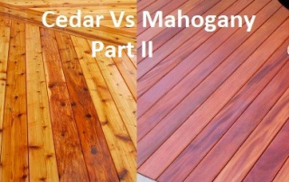 Side-by-side comparison of cedar and mahogany decking, highlighting differences in color, grain pattern, and durability. Explore the pros and cons of each wood type to determine the best choice for your deck in Ontario, Canada.