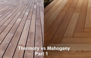 Side-by-side comparison of Thermory ash and Fijian mahogany decking, showcasing differences in color, grain, and durability. Learn which hardwood is best for long-lasting, weather-resistant outdoor spaces in Ontario, Canada.