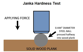 Diagram illustrating the Janka Hardness Test, which measures wood durability by pressing a steel ball into a solid wood plank. Used to compare the strength of hardwoods like Fijian Mahogany for flooring, decking, and siding in Ontario, Canada.