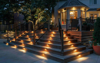 Stunning outdoor deck with built-in step lighting, enhancing safety and ambiance. Featuring premium mahogany hardwood decking, this illuminated staircase creates a warm, inviting backyard space, perfect for stylish outdoor living in Ontario, Canada.