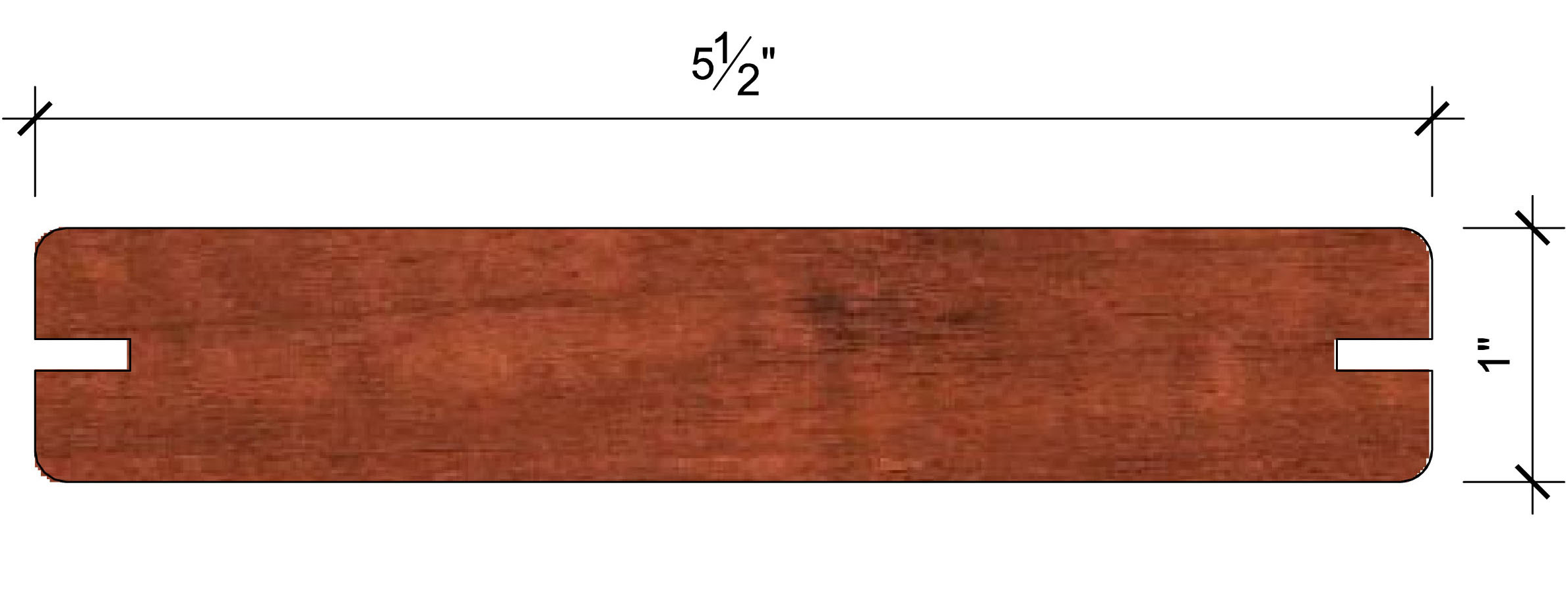5/4×6 Grooved Fijian Mahogany Decking Dimensional drawing of a 5/4x6 grooved Fijian Mahogany hardwood decking board, designed for hidden fastener installation. This premium exotic hardwood decking offers a smooth, durable, and weather-resistant surface, ideal for luxury outdoor decks in Ontario, Canada.
