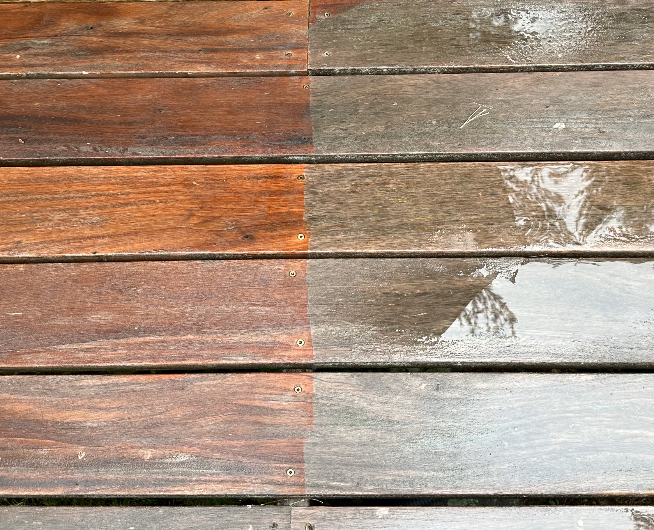 Side-by-side comparison of Fijian Mahogany decking before and after power washing and applying an oil finish, highlighting restored color and grain.